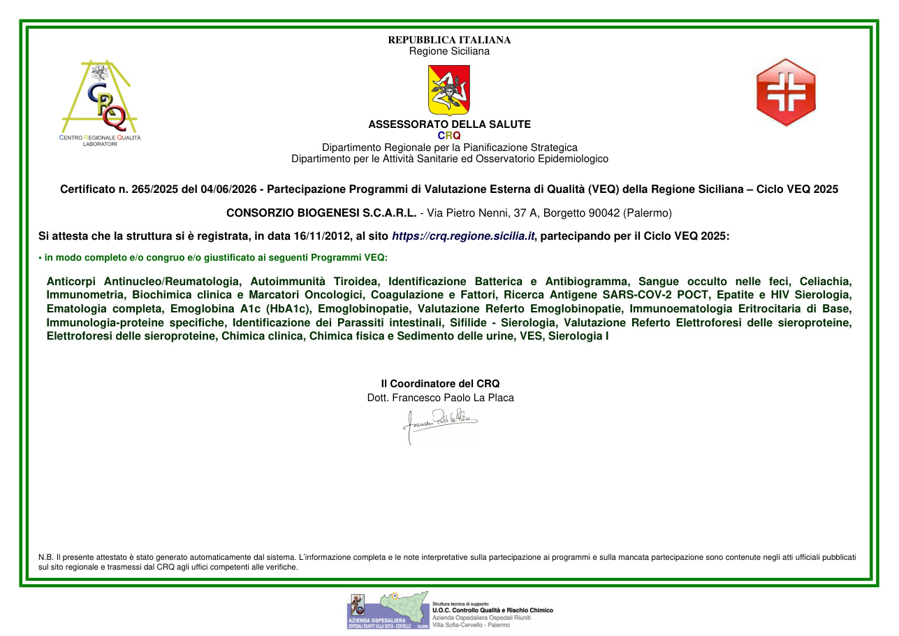 Attestato CRQ Regione Siciliana - Ciclo VEQ 2025 - Consorzio Biogenesi